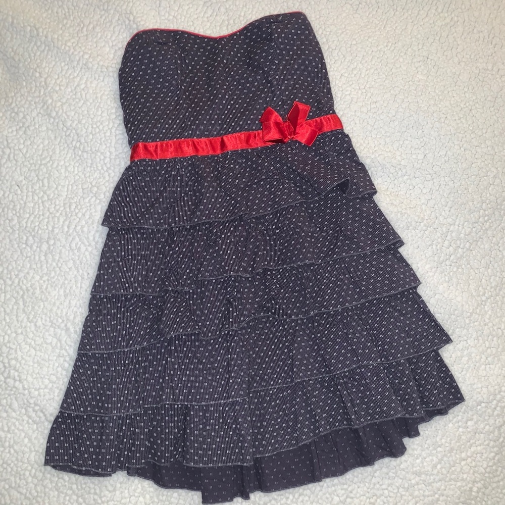 Strapless Purple Mini Dress with Red Waistband